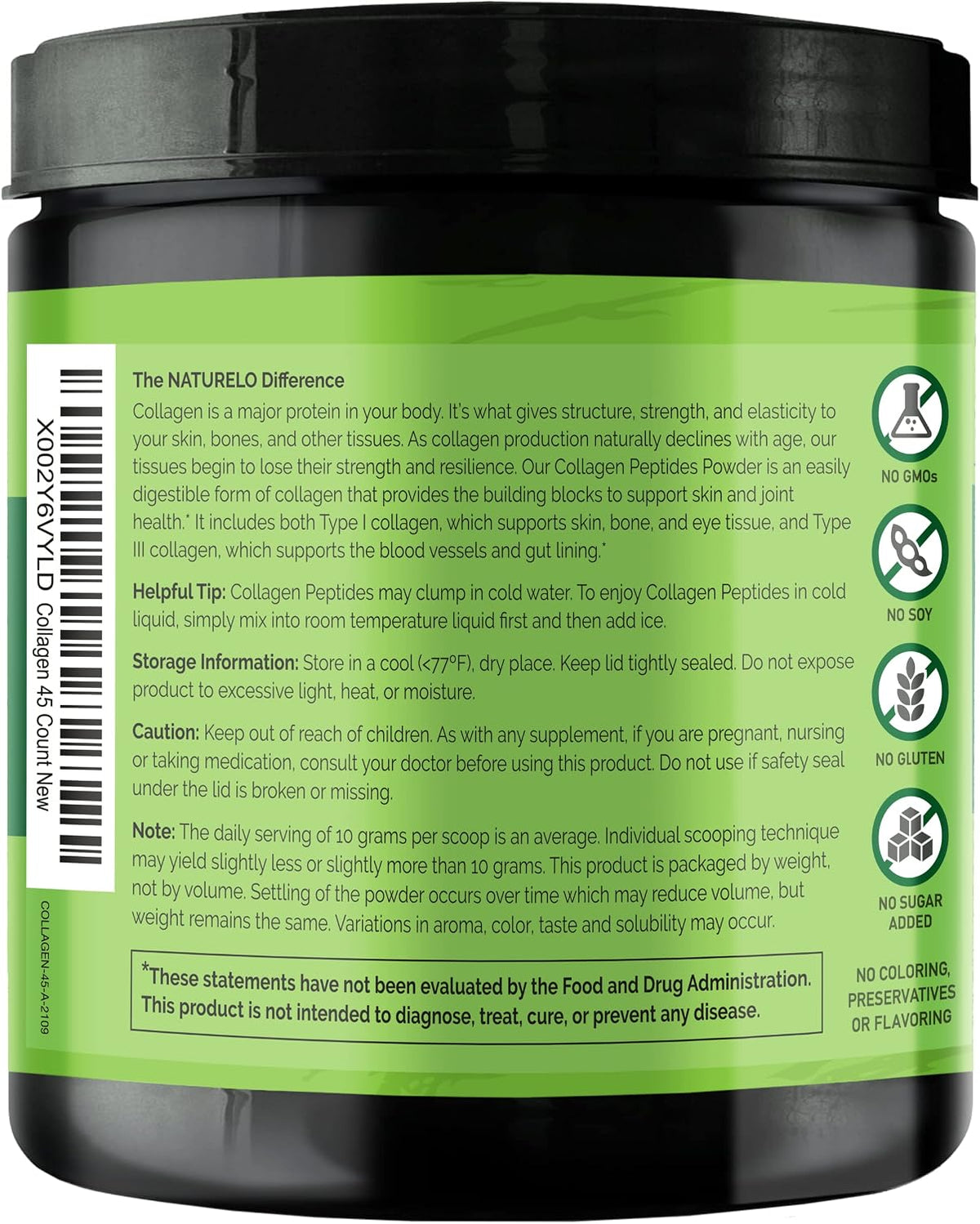Naturelo collagen peptide powder nutritional information display