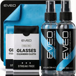 EVEO Eyeglass Cleaner Spray front view showing two liquid bottles and microfiber cloths for crystal clear lenses.