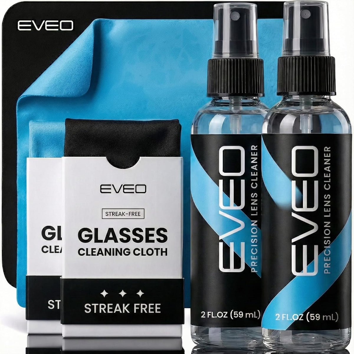 EVEO Eyeglass Cleaner Spray front view showing two liquid bottles and microfiber cloths for crystal clear lenses.