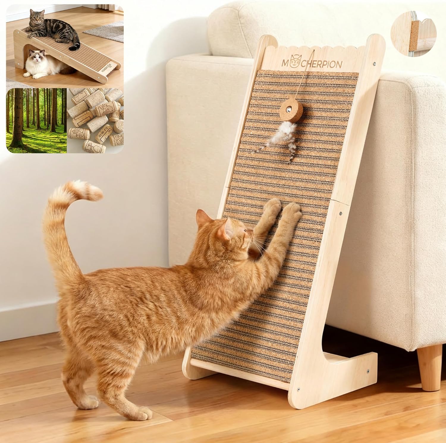 Mocherpion natural cork cat scratching post front view on living room floor