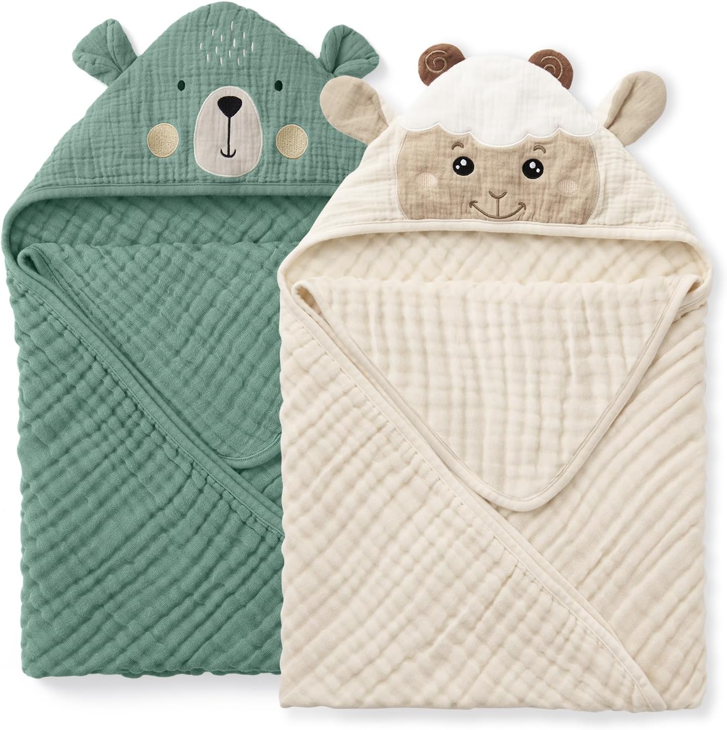 Blissful Diary Muslin Baby Hooded Towel set featuring bear and lamb designs