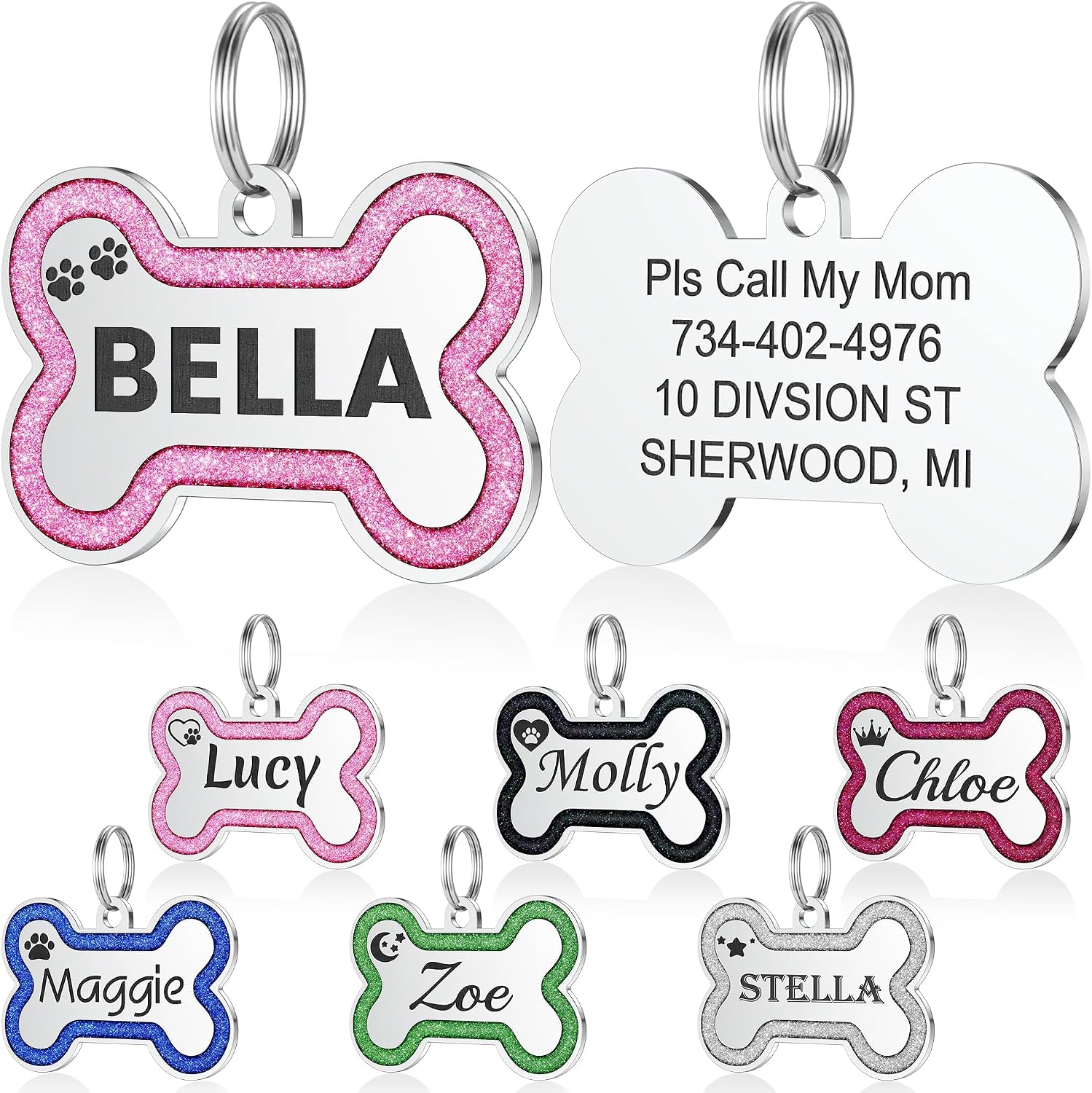 Yehanti personalized glitter bone dog tag pink small front view showcasing custom laser engraving.