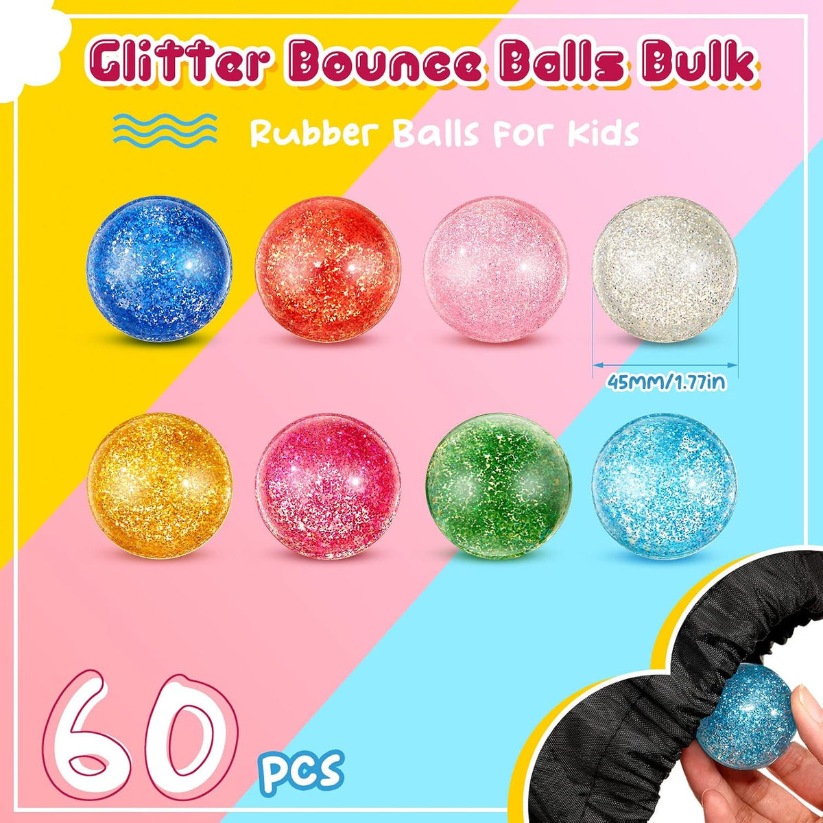 Shappy glitter bouncy balls bulk spread out with black storage bag