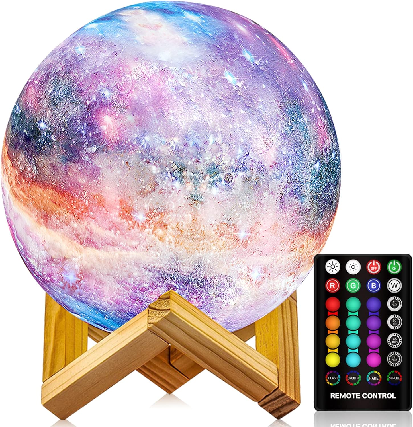 LOGROTATE Galaxy Moon Lamp front view illuminating a room in vivid purple color on its wooden stand.