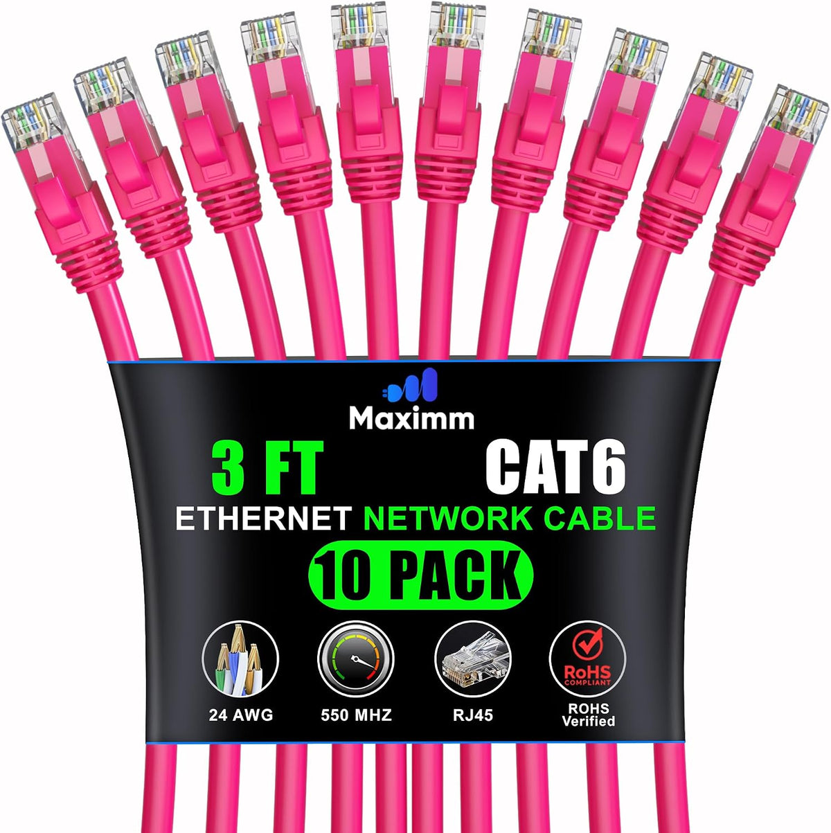 Maximm Cat6 Ethernet Cable 4 Ft Pink (10-Pack), 10Gbps 550MHz UTP Cord - Image 10