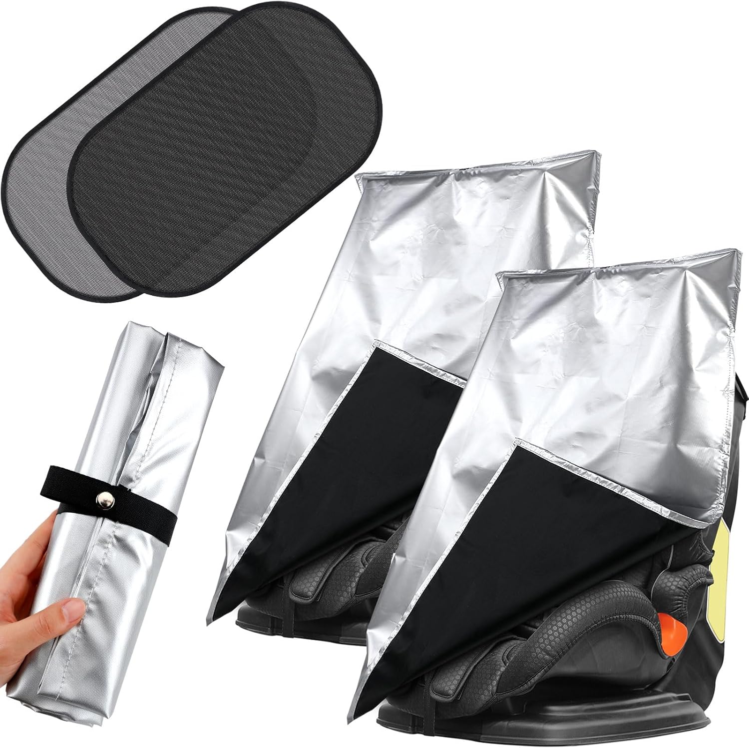 Datanly baby car seat sun shade cover front view showing reflective silver material.