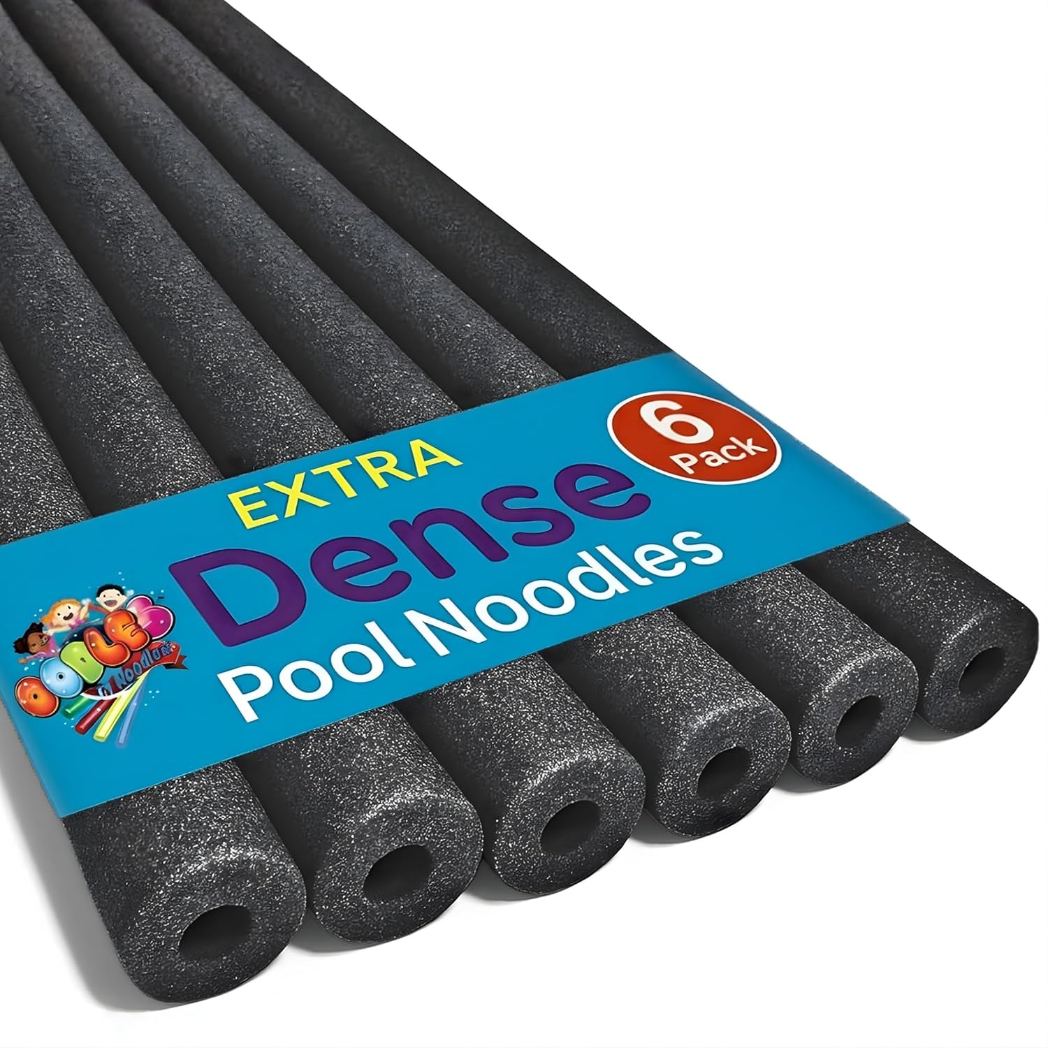 Oodles of Noodles Deluxe Foam Pool Swim Noodles front view of six black foam tubes for swimming and fitness.