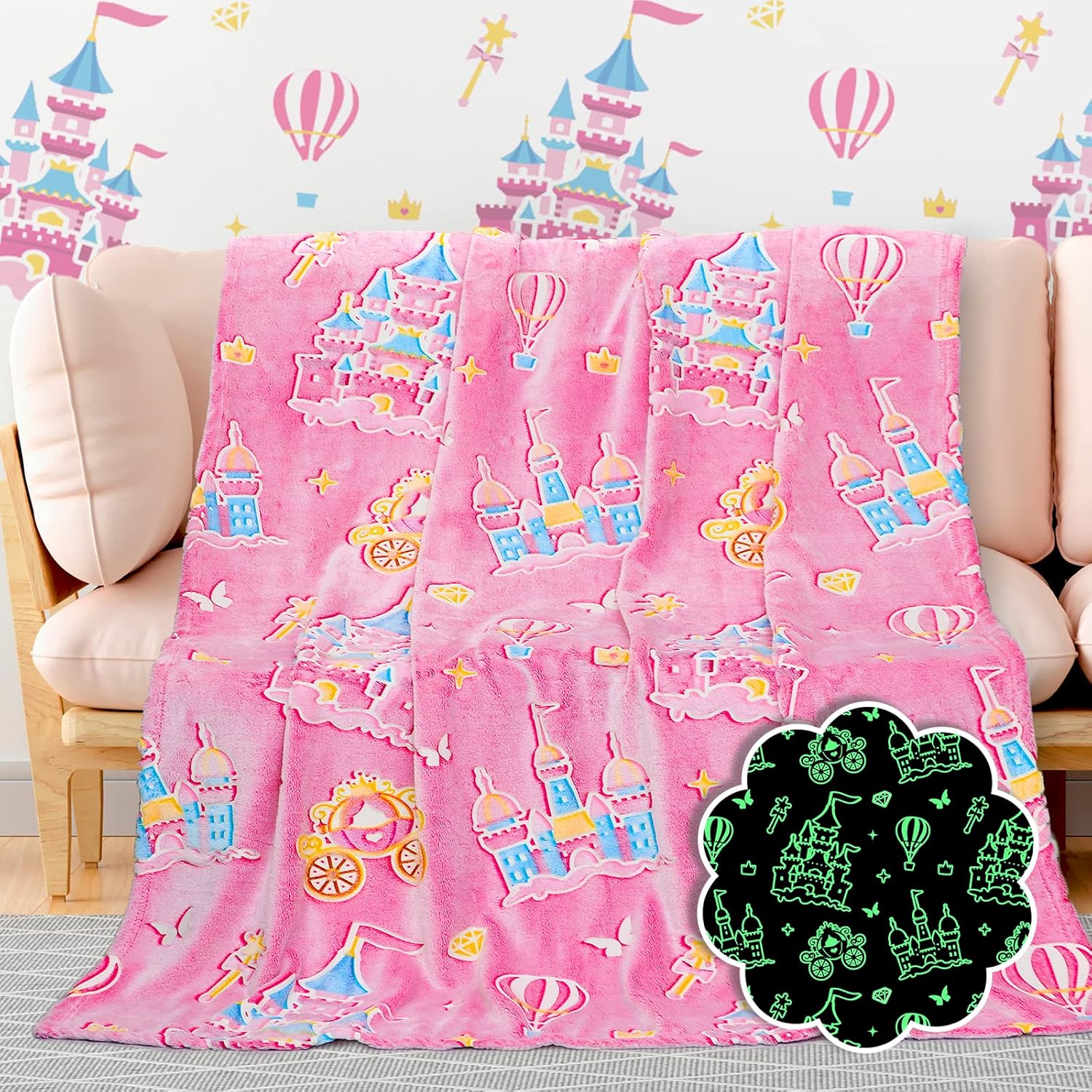 BORORO glow in the dark princess blanket front view featuring pink fleece fabric and glowing castle elements.