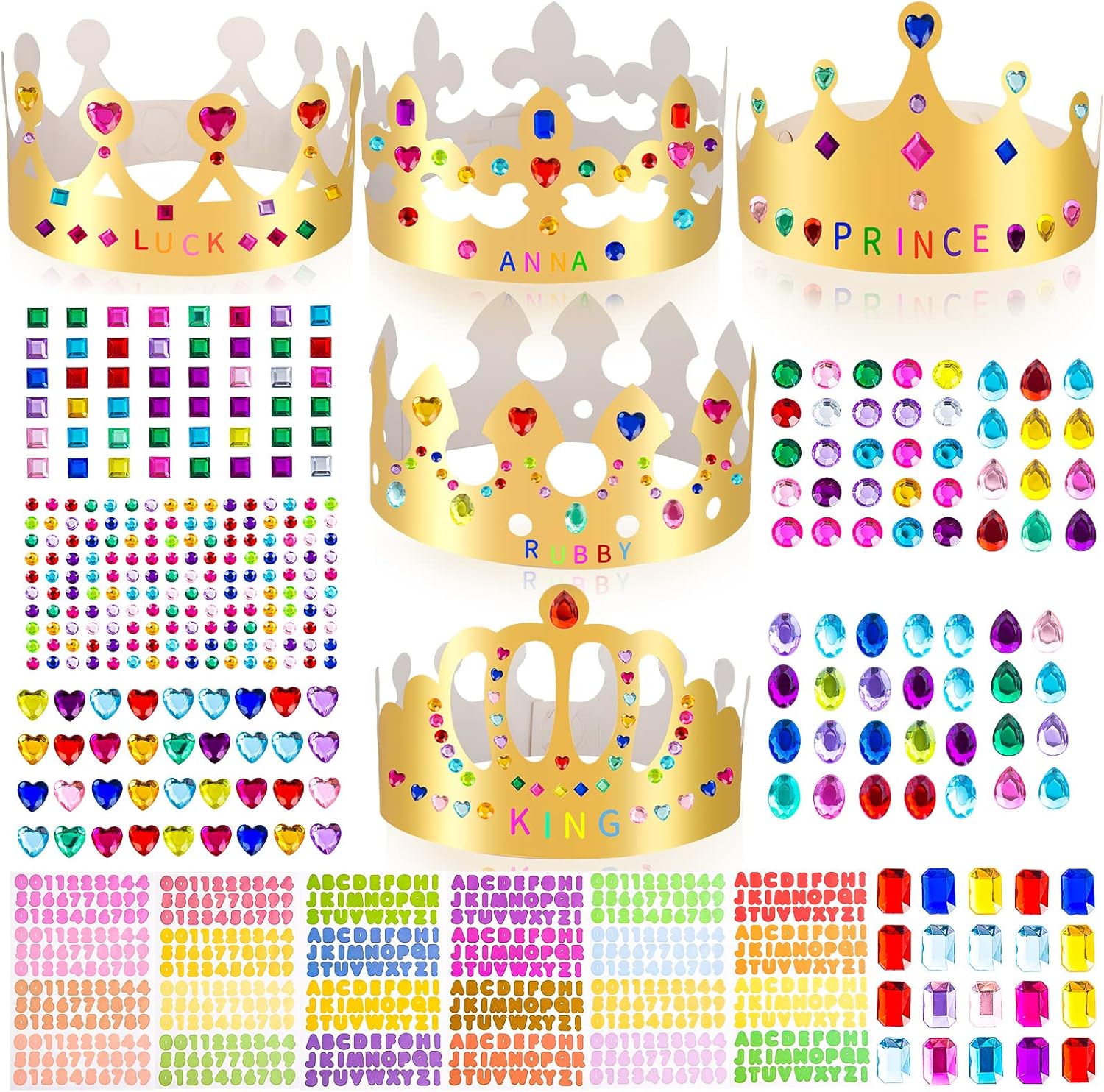 MGZTTHW gold paper crowns diy craft kit front view showing assorted styles and decorative sticker sheets.