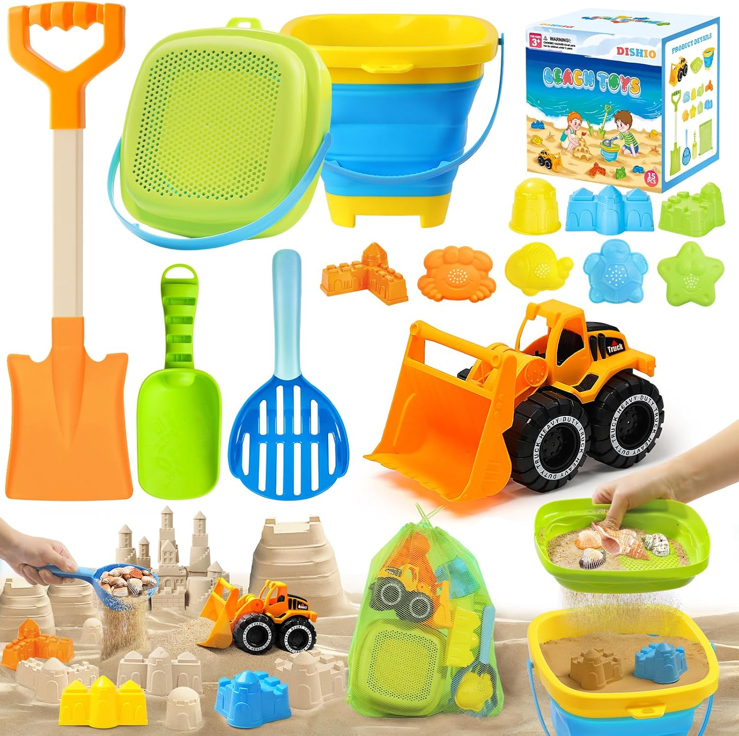 Dishio collapsible beach sand toy set with bucket and shovels