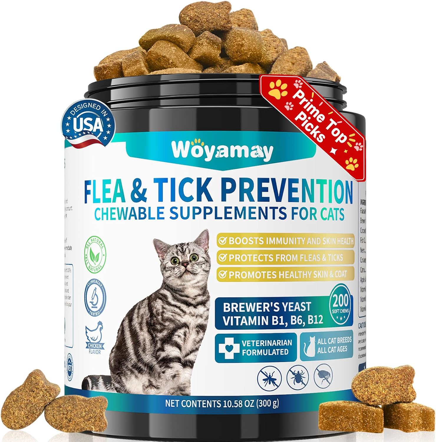 Woyamay Flea Treatment for Cats 200 treats jar front view showing chicken flavor label