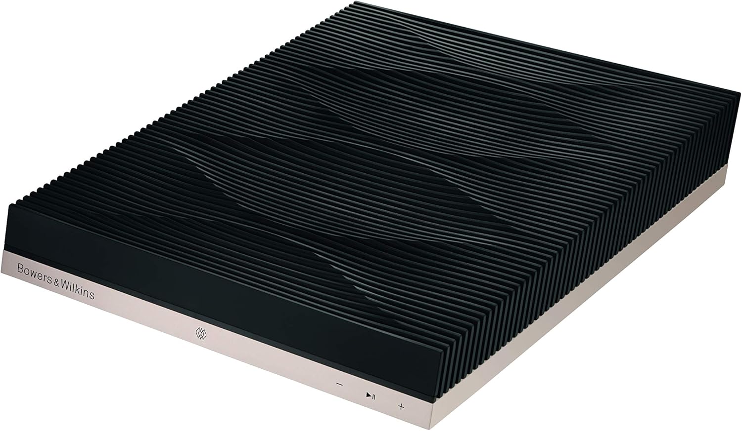 Bowers & Wilkins Formation Audio wireless streamer front view showing sleek black ribbed design and silver base.