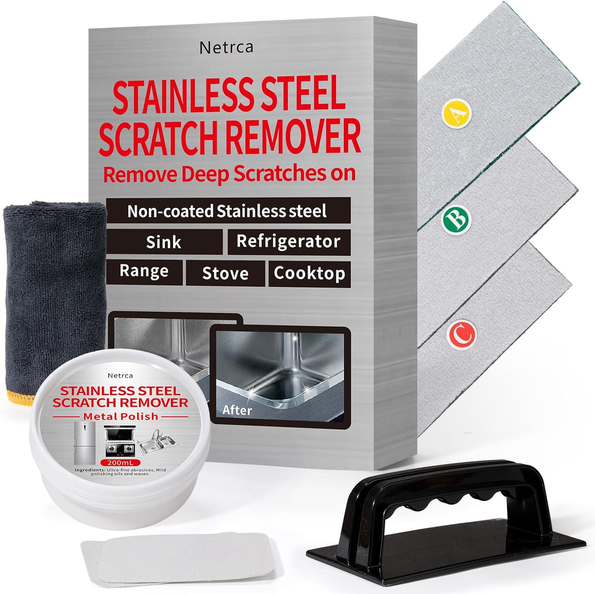 Netrca stainless steel scratch remover kit front view with pads