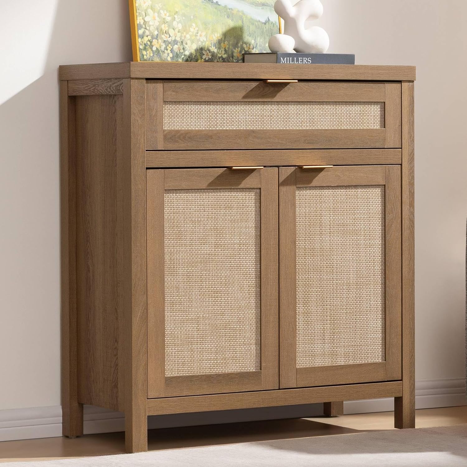 Sicotas natural oak rattan buffet cabinet front view for living room