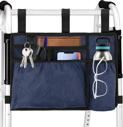 Walker Bag Basket with Cup Holder for Folding Walker Accessories for Seniors Elderly, Handicap, Foldable & Water Resistant Walker Storage Bags with Big Capacity - Dark Blue - Image 1