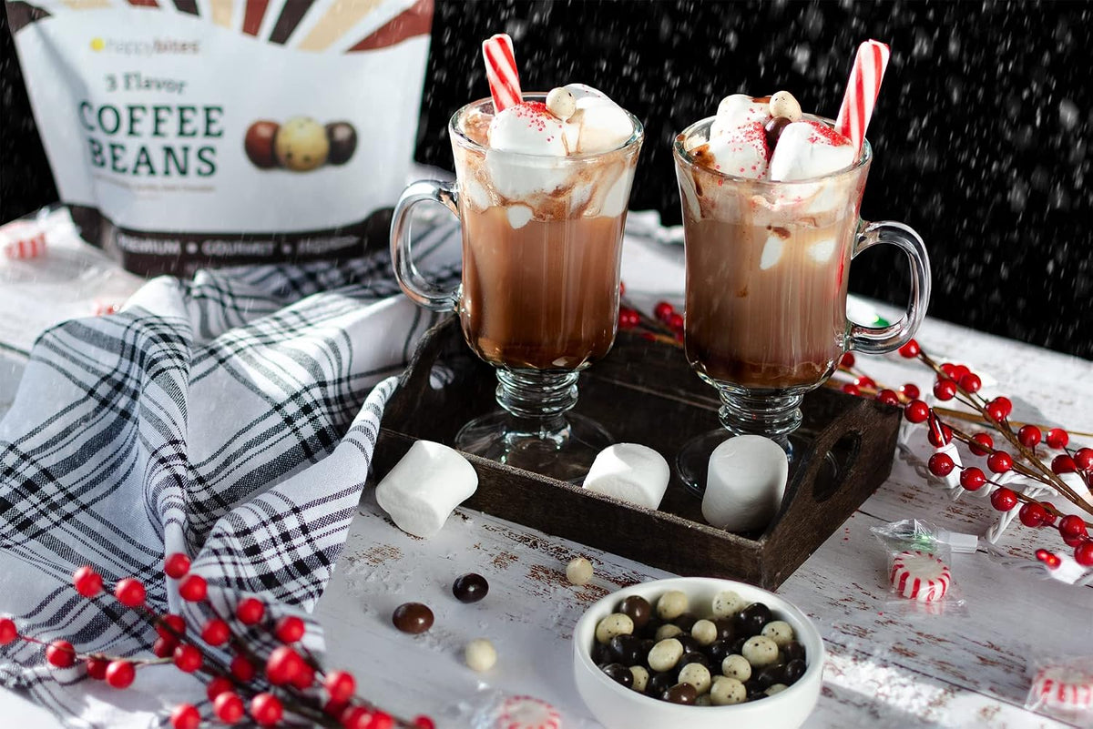 Close-up of three distinct flavors of chocolate and vanilla coated coffee beans