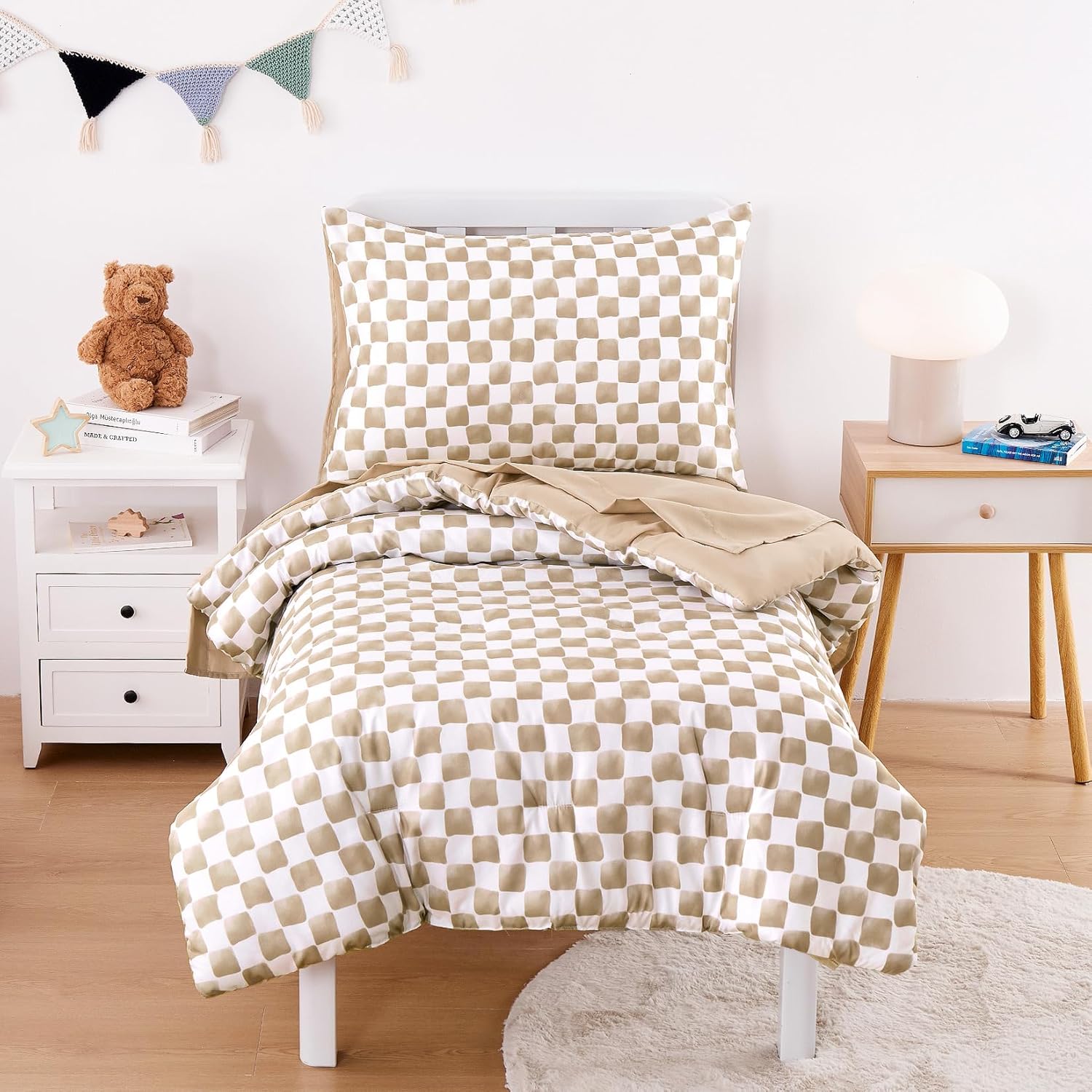 Wake In Cloud toddler bedding set front view showcasing brown and white gingham checkered pattern.