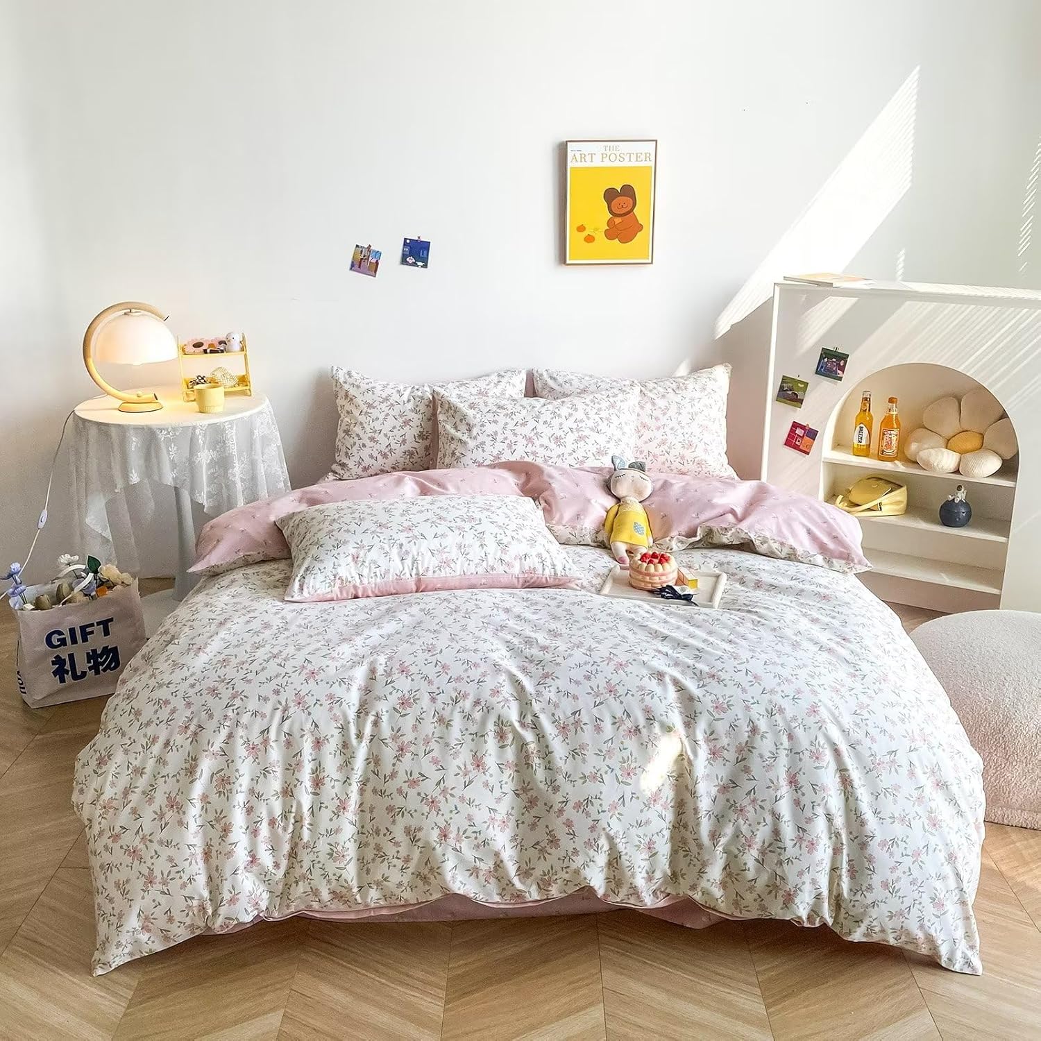 BuLuTu pink floral duvet cover queen size front view on bed