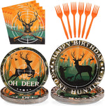 Grencian hunting camo party supplies tableware set front view showcasing deer silhouette plates