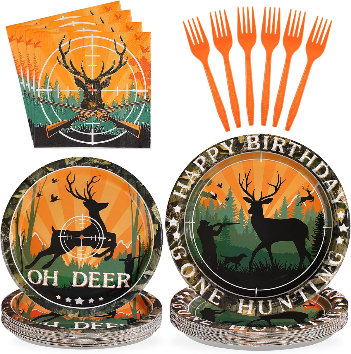 Grencian hunting camo party supplies tableware set front view showcasing deer silhouette plates