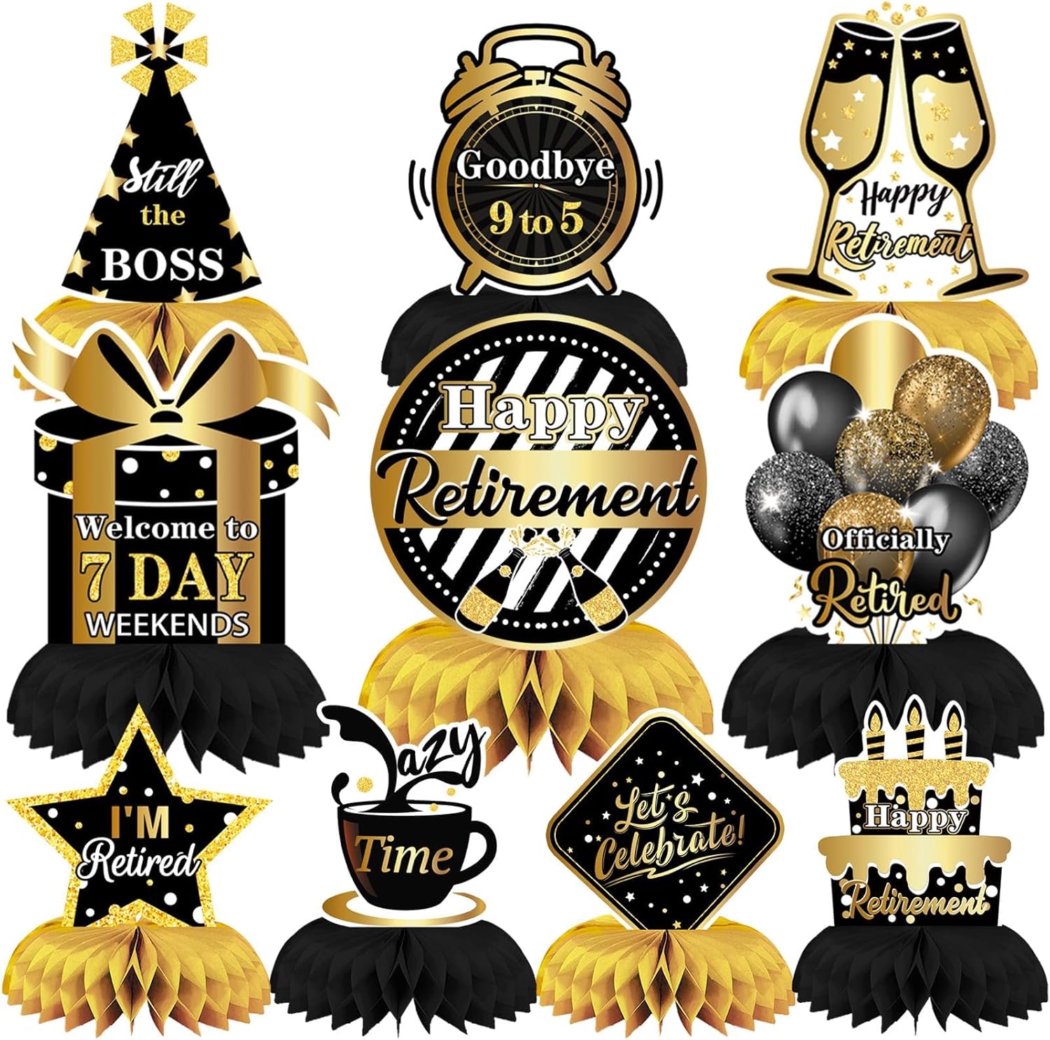 DTOFOOT 10 Piece Retirement Party Decorations front view of black and gold table centerpieces
