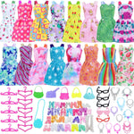 BJDBUS 42 piece doll clothes and accessories front view of assorted colorful mini dresses