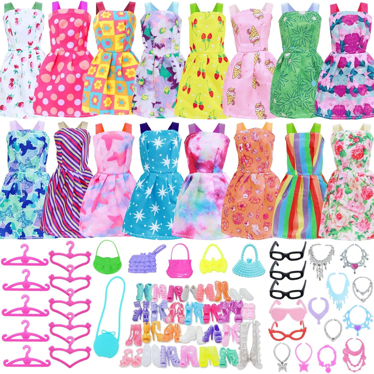 BJDBUS 42 piece doll clothes and accessories front view of assorted colorful mini dresses