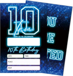 SIXEIGHT Blue Tenth Birthday Party Invitations front view showing neon blue number ten on starry background
