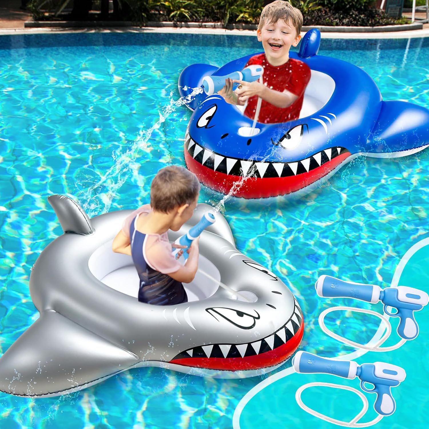 iGeeKid inflatable shark pool floats 2 pack front view blue and silver