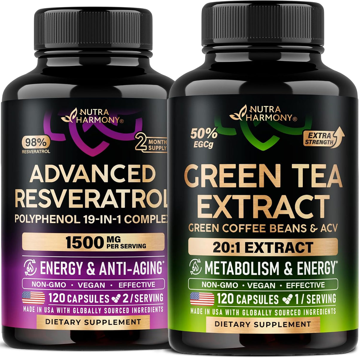 NutraHarmony Green Tea Extract and Resveratrol Blend Capsules front view supplement bottle
