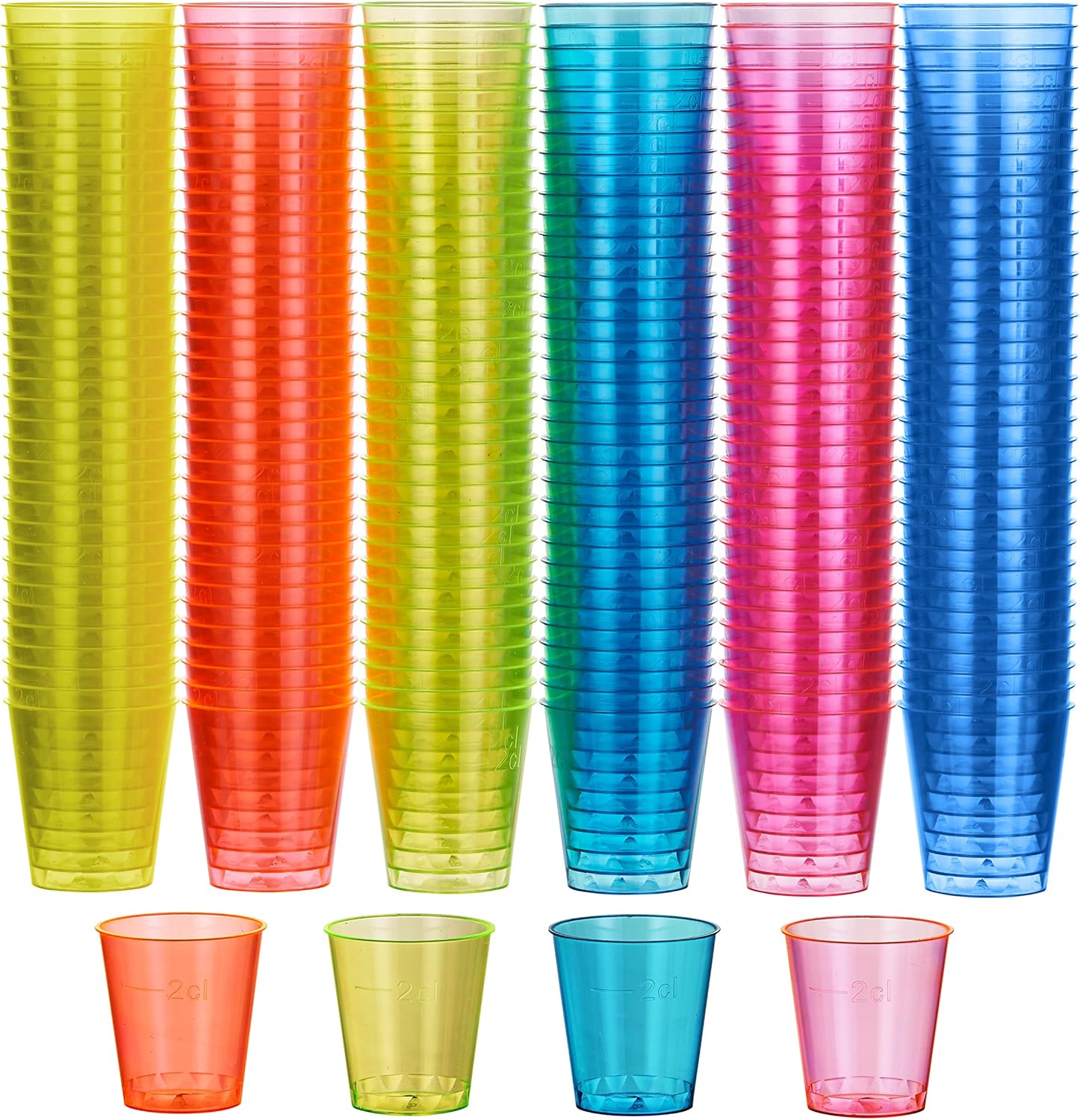 MATANA 300 Neon Plastic Shot Glasses front view of multicolored stackable cups.