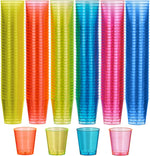 MATANA 300 Neon Plastic Shot Glasses front view of multicolored stackable cups.