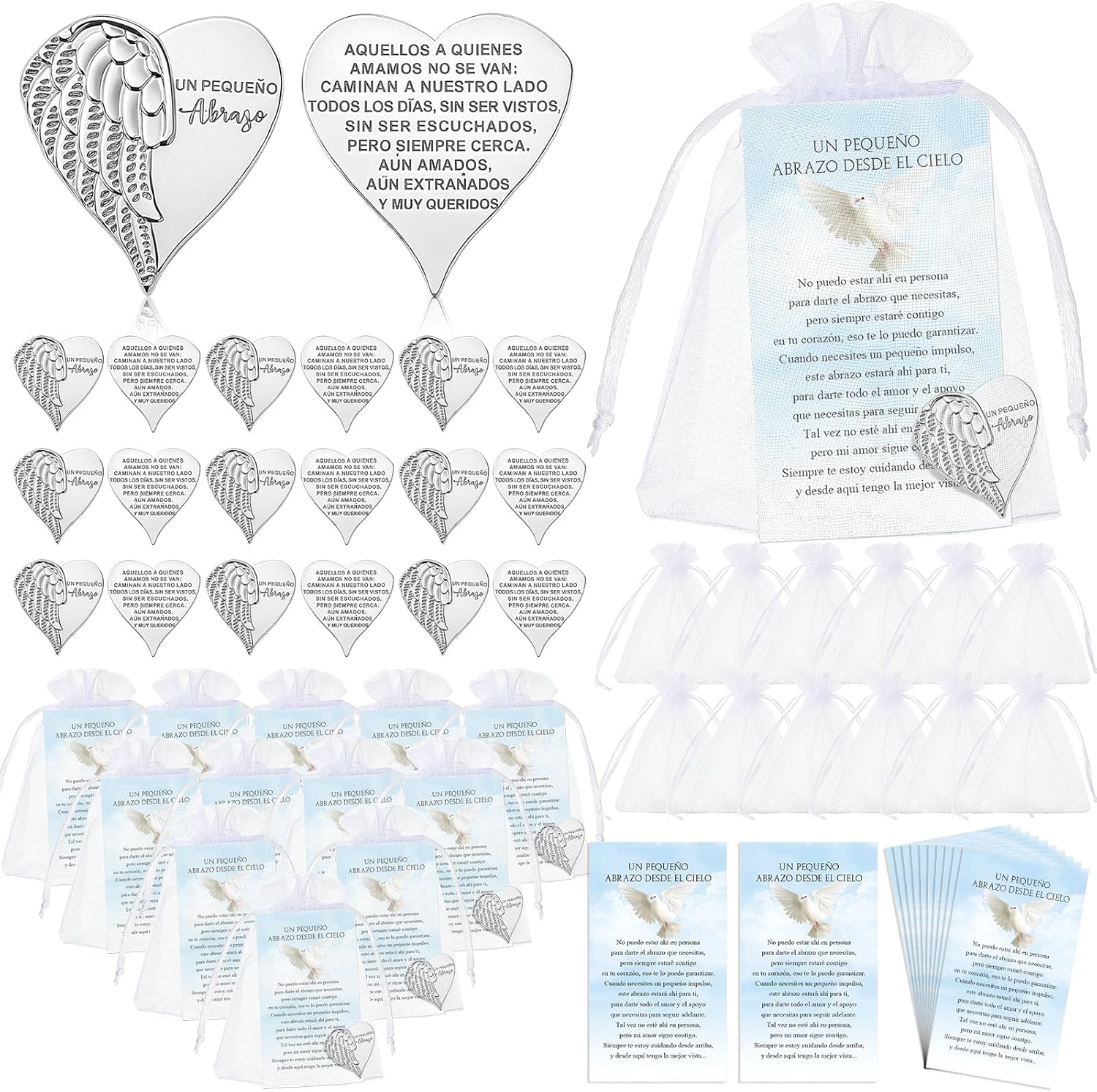 Fumete funeral favors 60 sets front view showcasing heart angel coins and Spanish poem cards