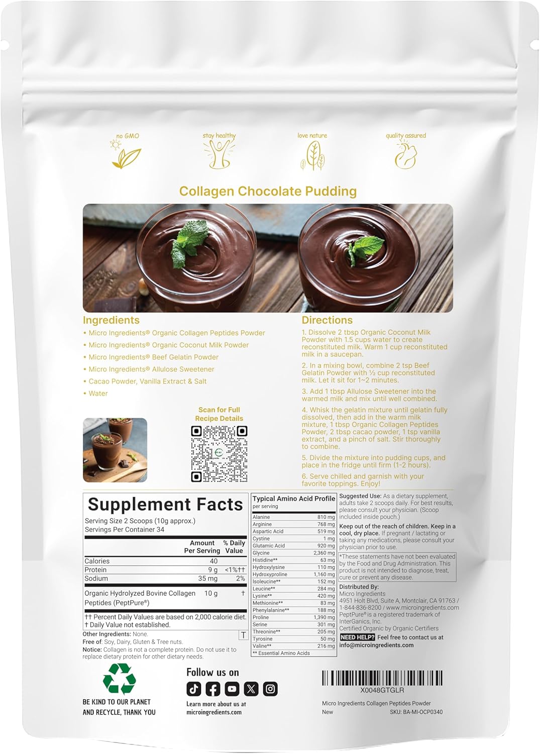 Micro Ingredients grass-fed bovine collagen supplement nutrition facts label