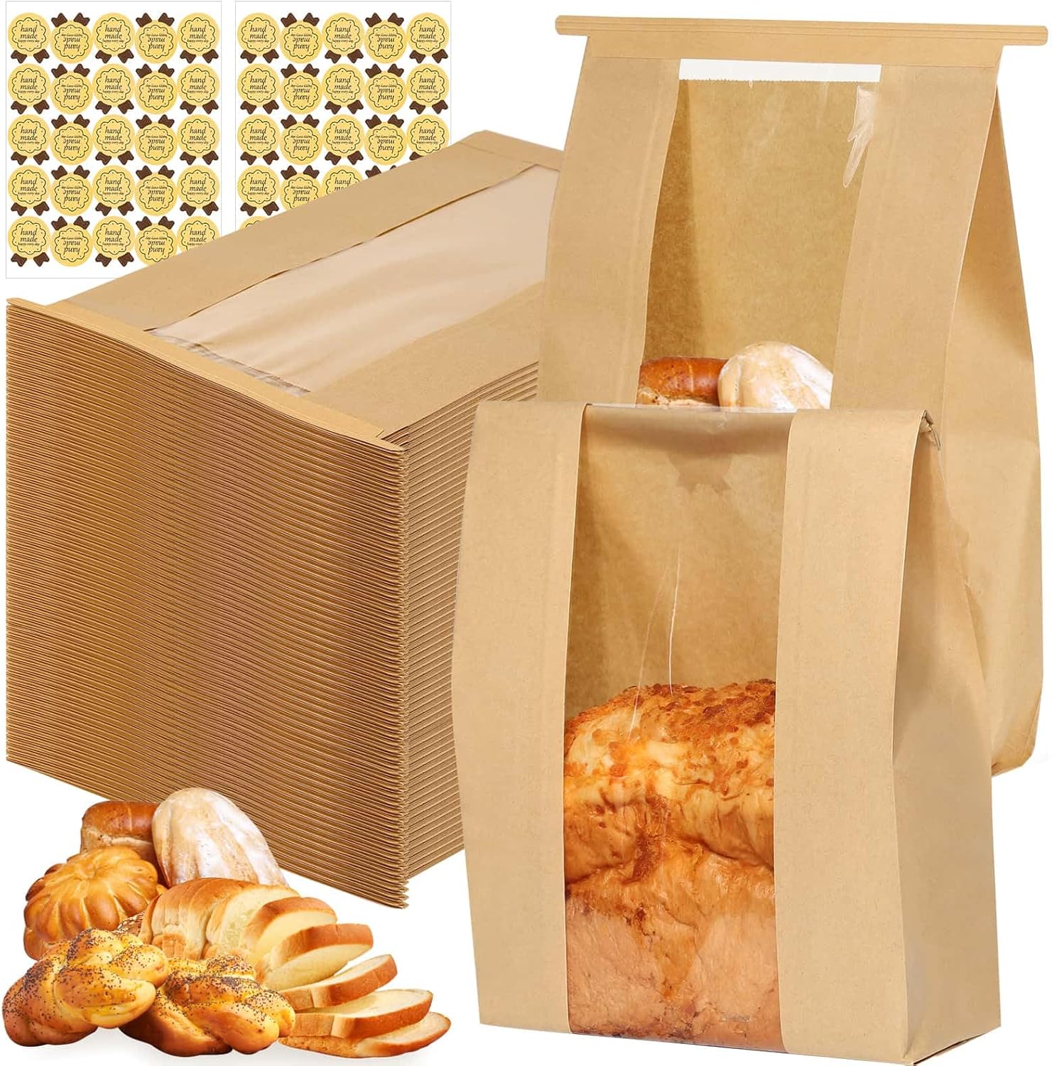 Sublaga Kraft Paper Bread Bags front view showing clear window and tin tie closure for sourdough storage.