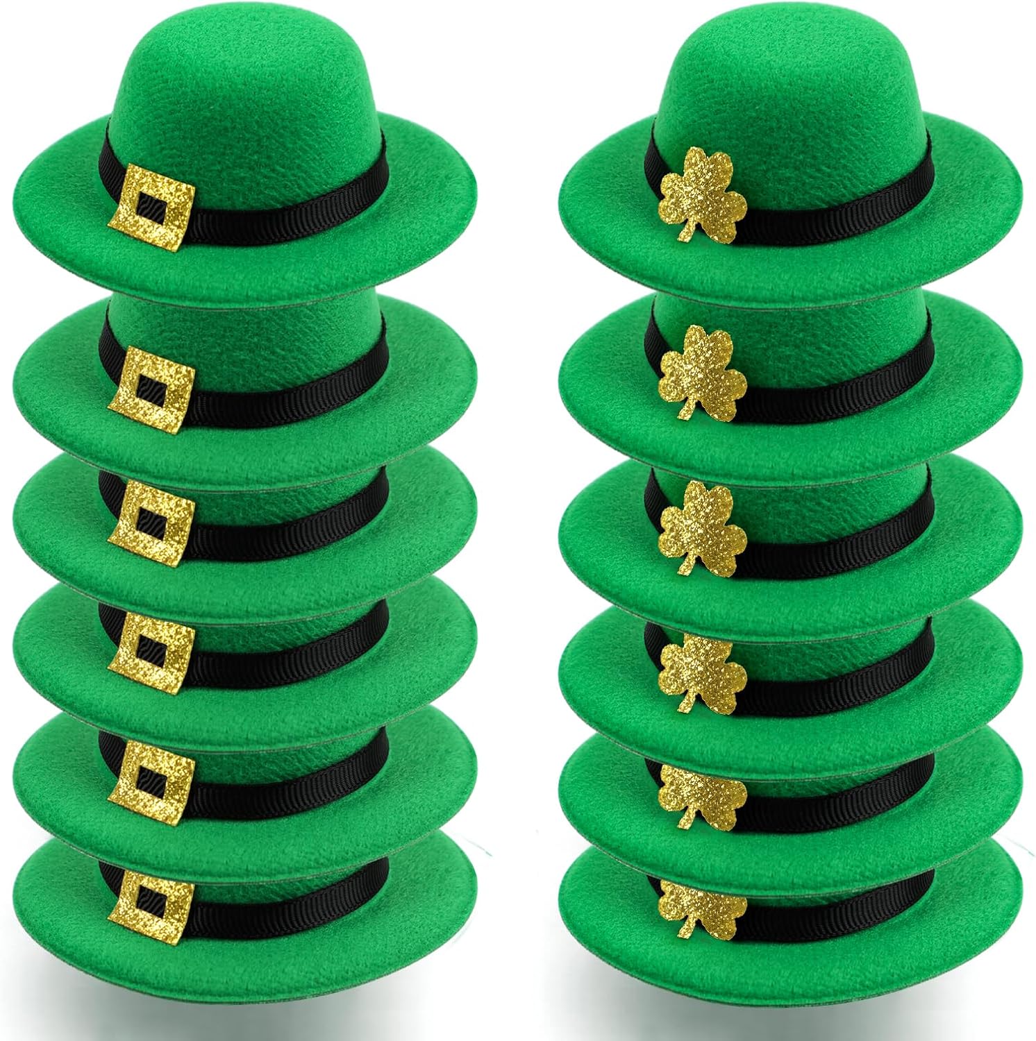 FOIMAS Mini Saint Patrick Day Leprechaun Hats twelve pack front view showing glittery green surface.