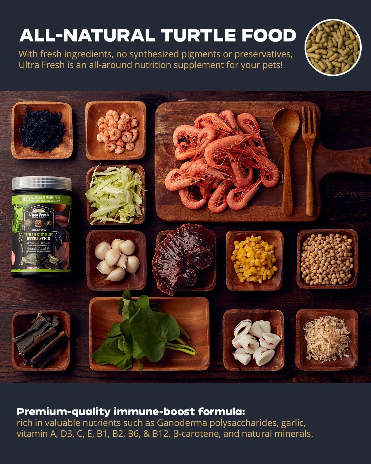 Azoo turtle nutri stick container showing natural ingredients list