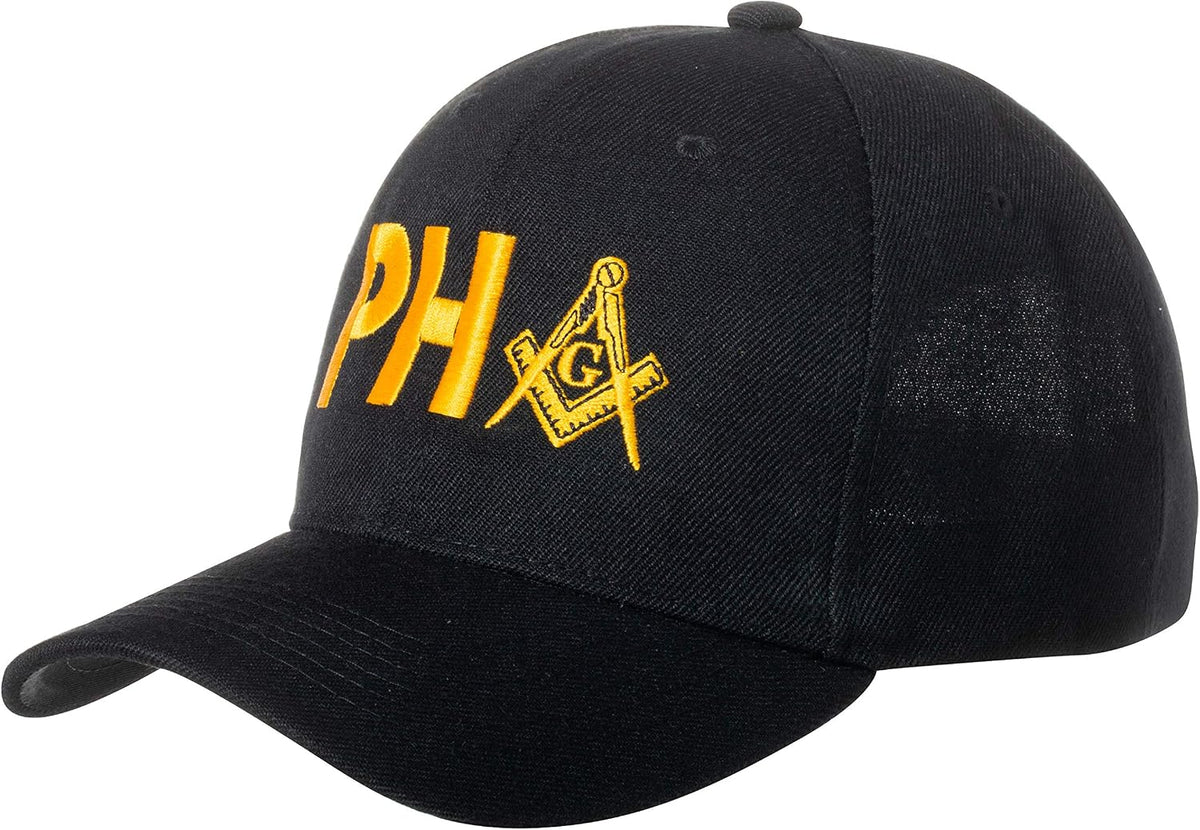 Artisan Owl Masonic black baseball cap side angle showing structure