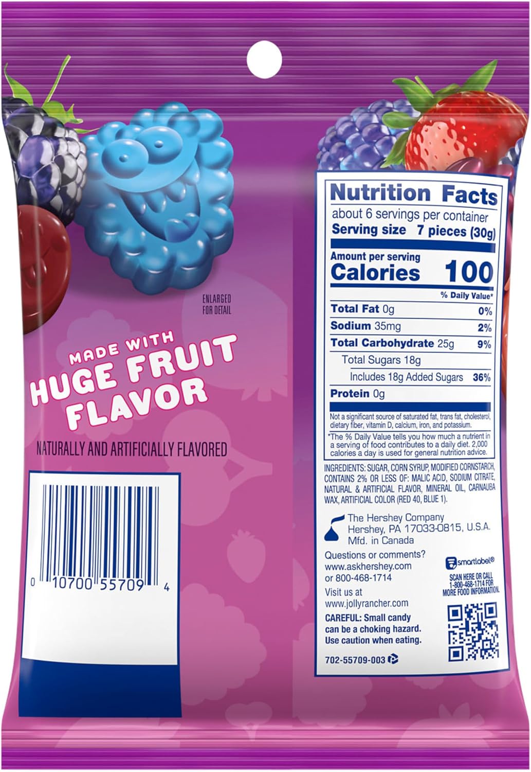 Back packaging of Jolly Rancher Very Berry Gummies displaying ingredients list and nutritional information.