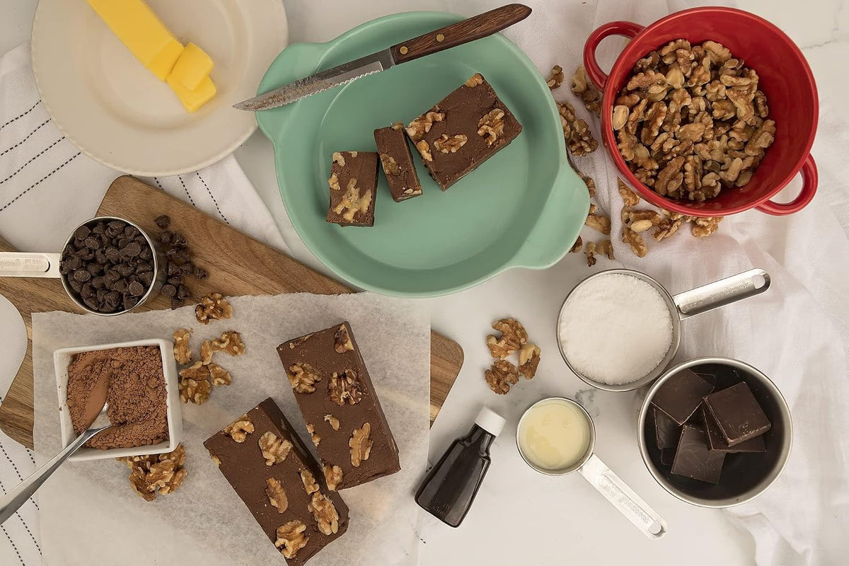 Close up look at the creamy texture and crunchy walnut pieces of small batch artisan fudge.