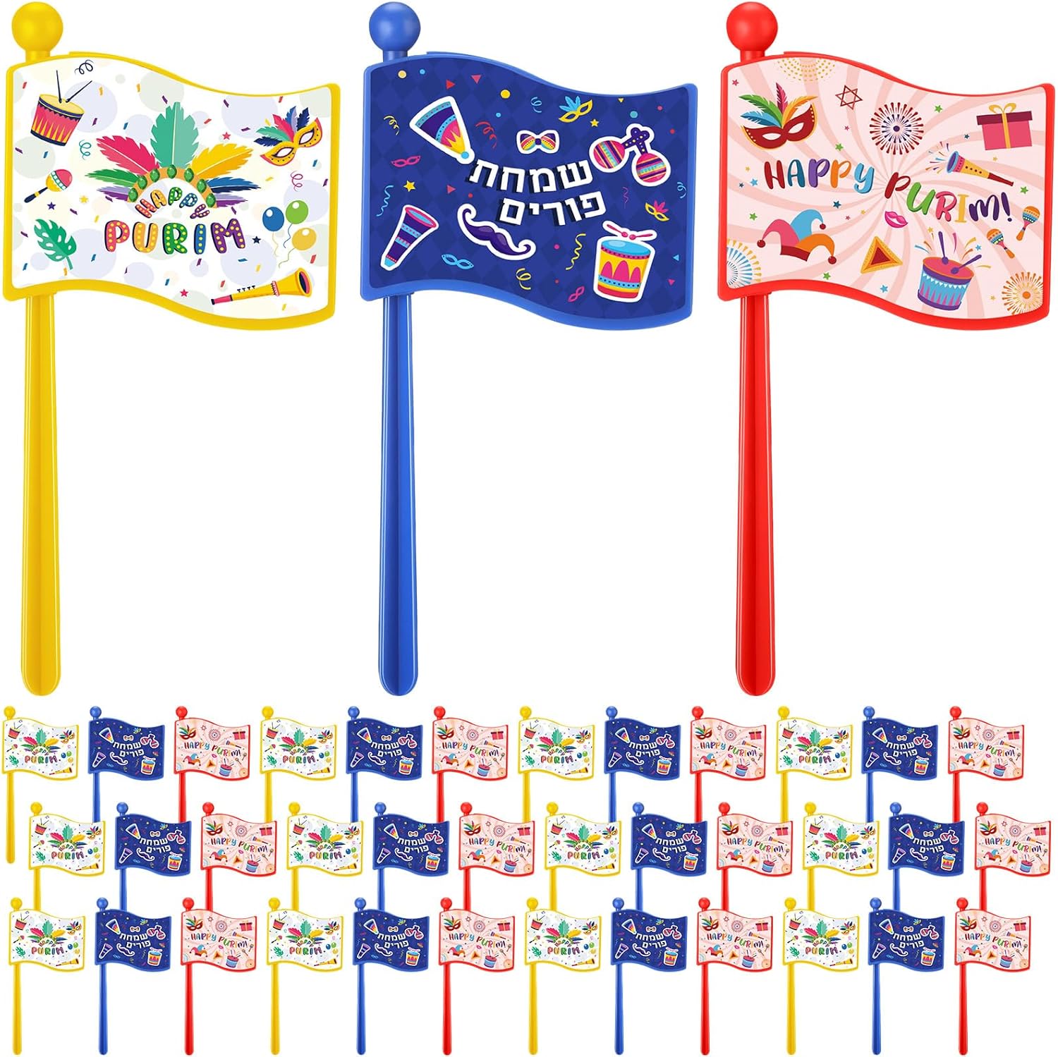 Arrowbash 12 pack colorful Purim graggers front view