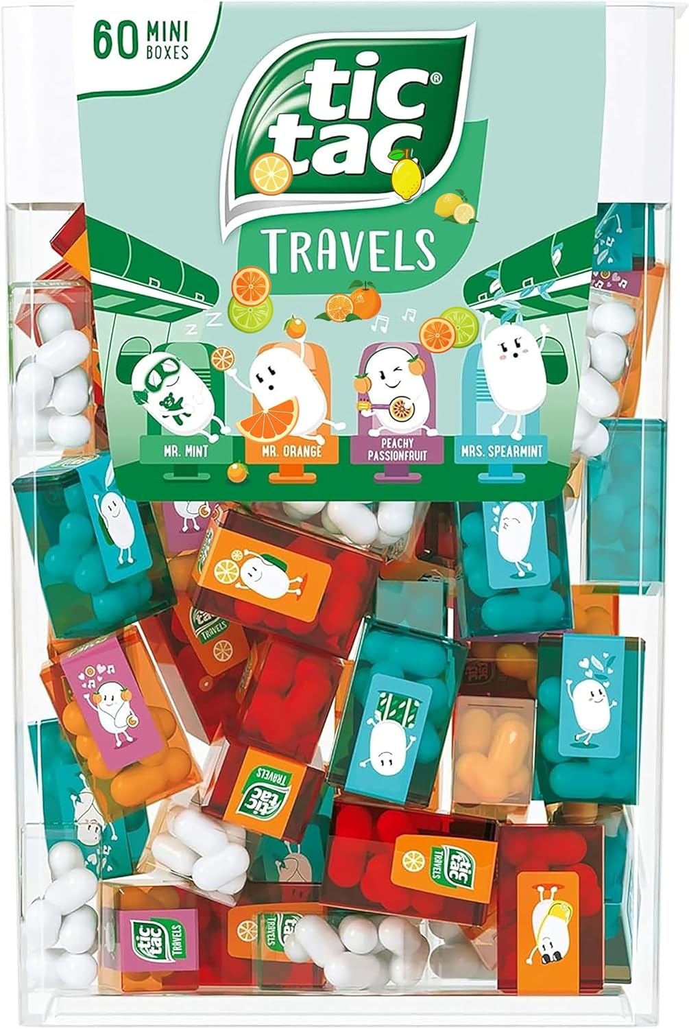 Sixty individual miniature travel candy packets arranged outside of the main Zaykir dispenser box