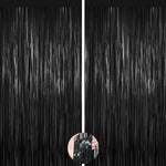 Forlvwoon black foil curtain backdrop front view showcasing shimmering metallic tinsel strands for party decoration.