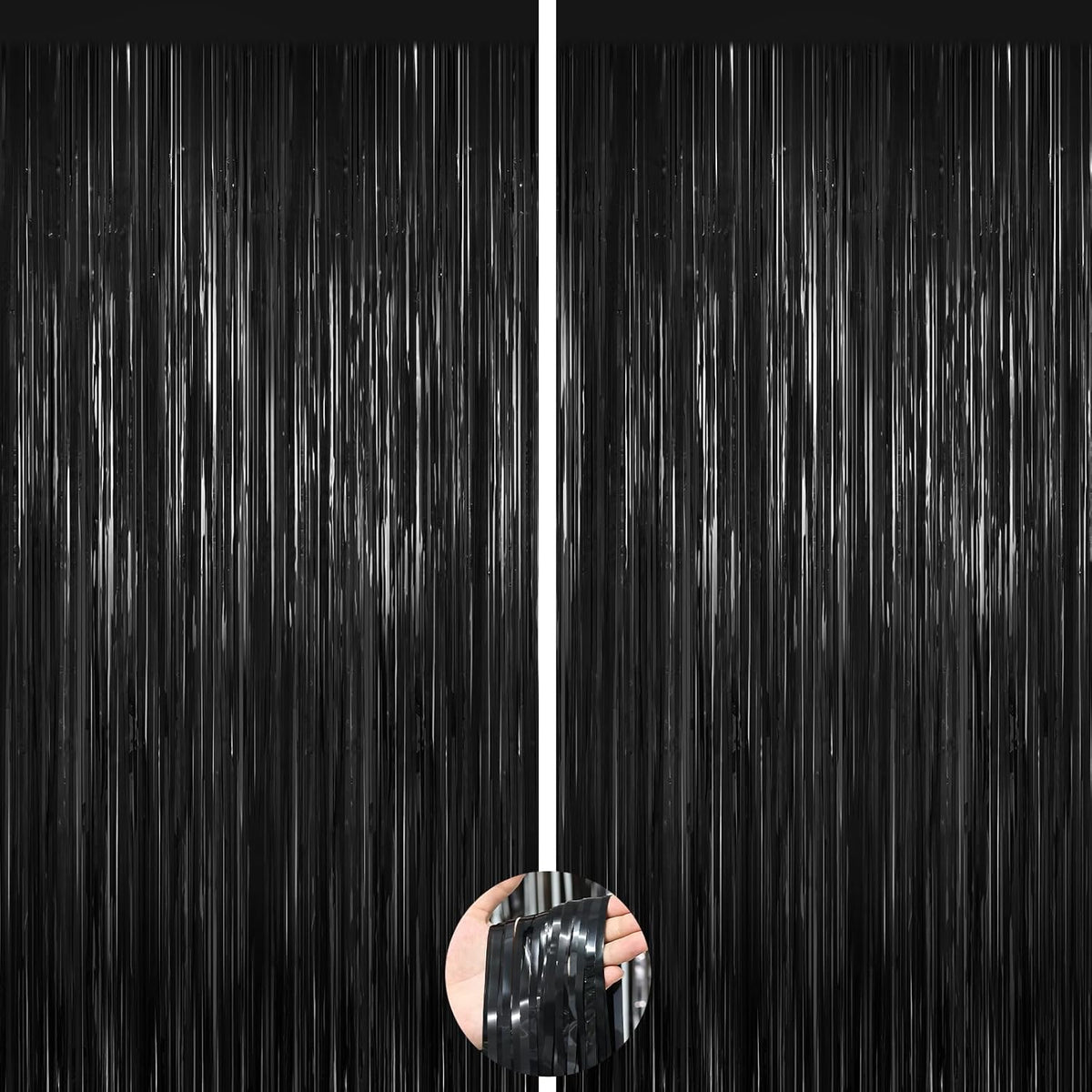 Forlvwoon black foil curtain backdrop front view showcasing shimmering metallic tinsel strands for party decoration.