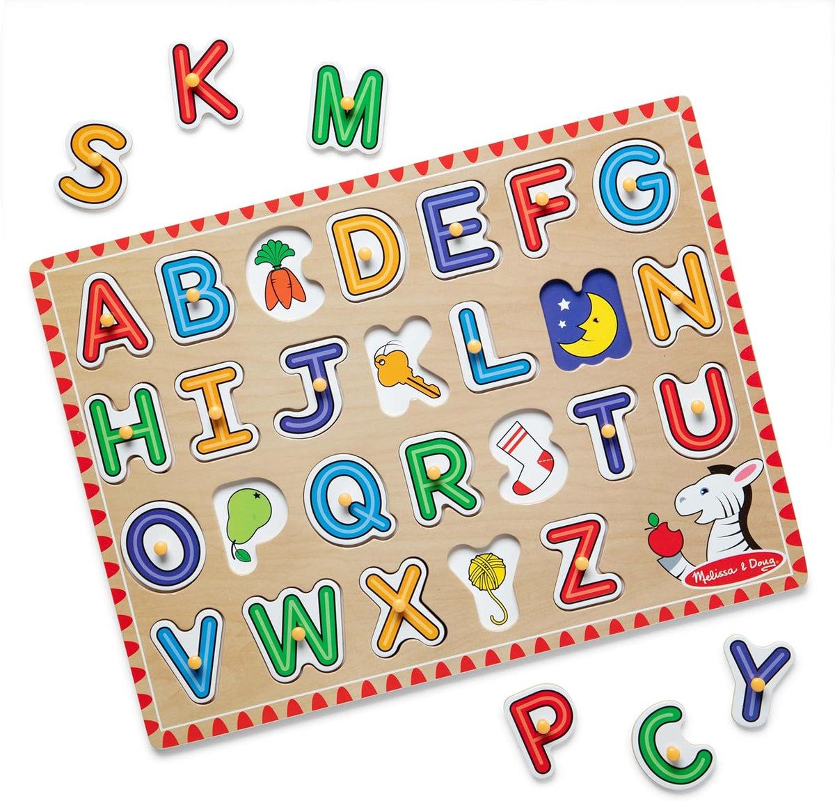 Melissa and Doug Lift and See Alphabet Wooden Peg Puzzle front view showing twenty six colorful letter pieces