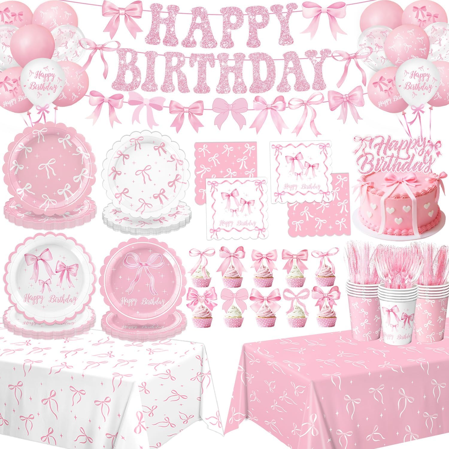 Qiyanpax Pink Bow Birthday Decorations full set including tableware and banners