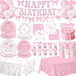 Qiyanpax Pink Bow Birthday Decorations full set including tableware and banners