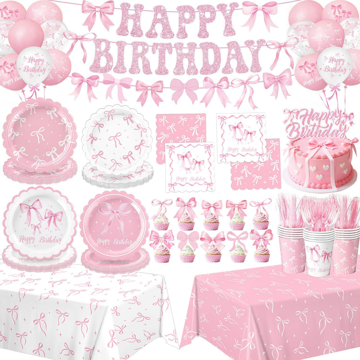 Qiyanpax Pink Bow Birthday Decorations full set including tableware and banners