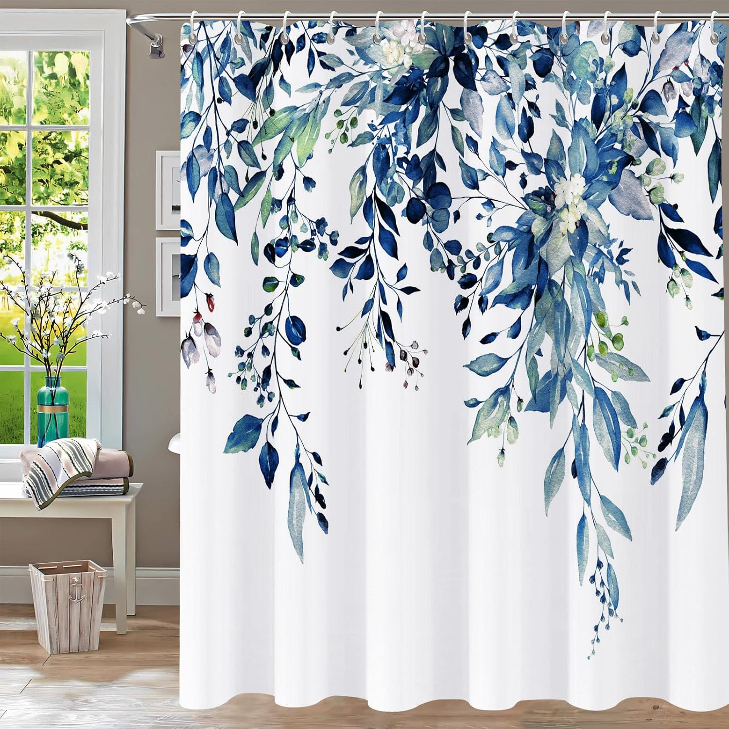 YiarTaan blue eucalyptus fabric shower curtain front view featuring watercolor botanical leaf design in modern bathroom setting