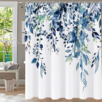 YiarTaan blue eucalyptus fabric shower curtain front view featuring watercolor botanical leaf design in modern bathroom setting
